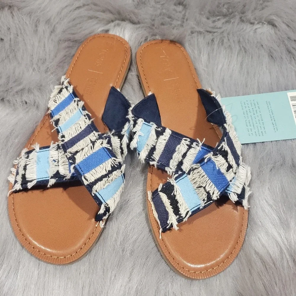 Toms Viv Navy‎ coupe denim slide blue fray crisscross straps slip on sandals NIB